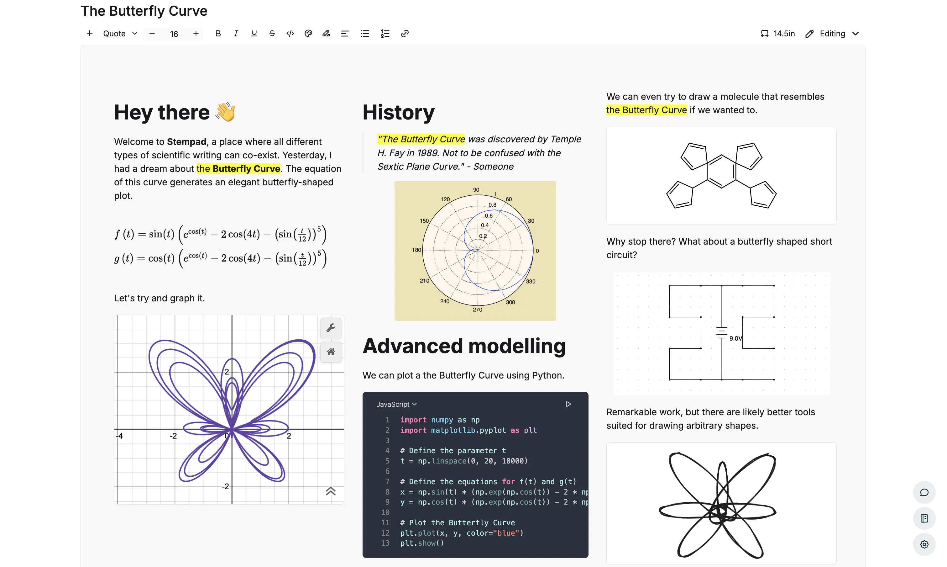 Stempad editor showing a math, graphs, code, organic chemistry, molecules, drawing, and a circuit.